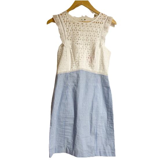 Lilly Pulitzer MAYA SHIFT DRESS Coastal Blue Seersucker White EYELET SZ 4 - Picture 1 of 7